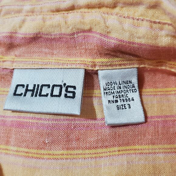 Chicos Vtg Linen Striped Snap Shirt Womens Size 3 US XL 16 Beach Sunset Orange - Picture 7 of 10